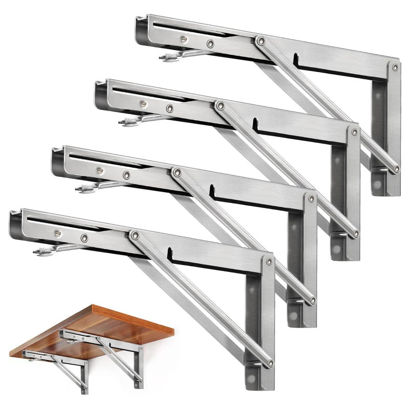Storystore Folding Shelf Brackets - 16 Inch Heavy Duty Stainless Steel Collapsible Shelf Bracket for Bench Table, Space Saving DIY Bracket (4PCS) - Image 1
